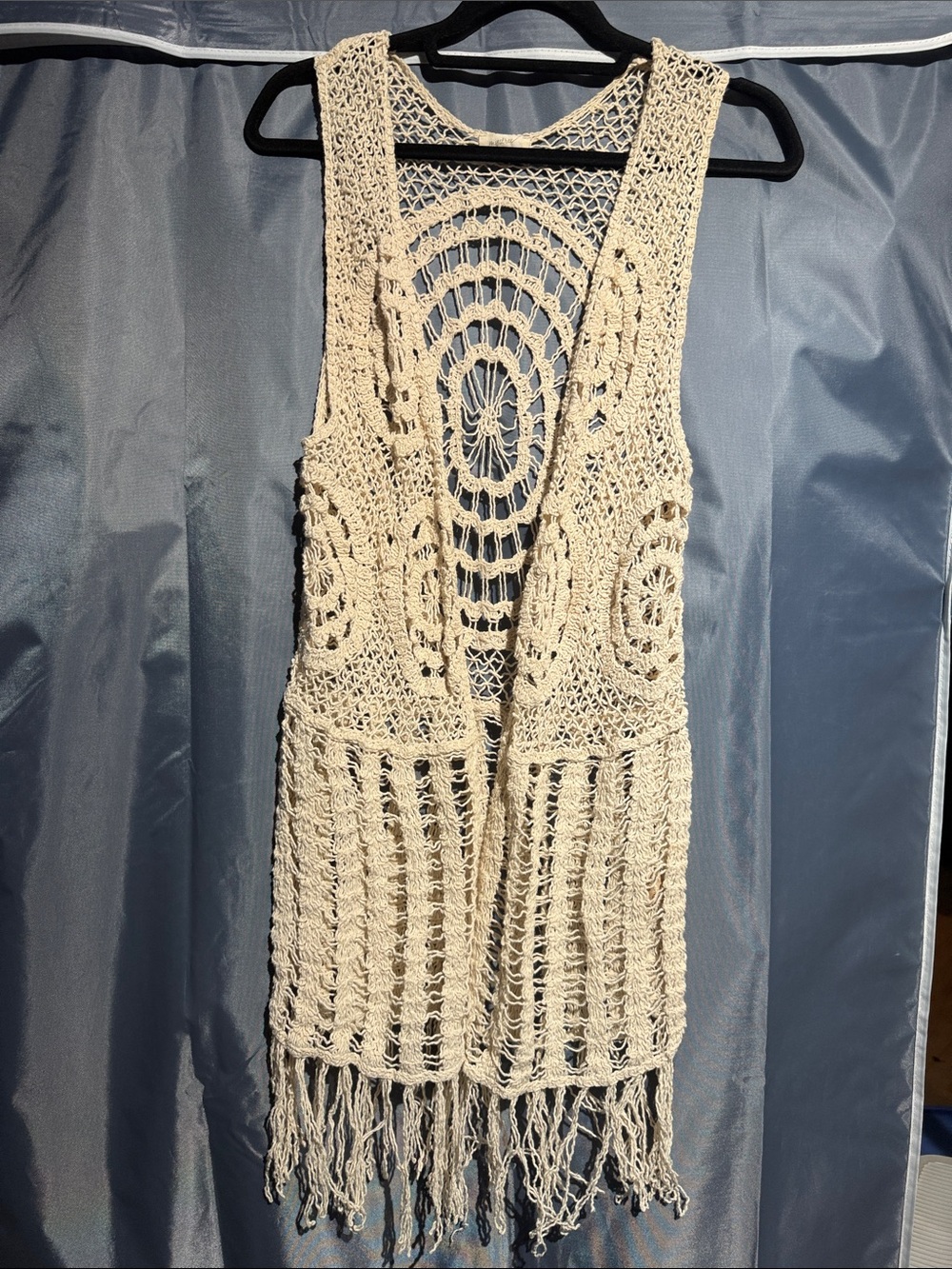 Mystree Crochet Fringe Open-Front Vest in Cream